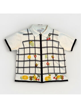 Adorable Vintage Fruit Appliqué Short Sleeve Zip Cardigan - Size Large